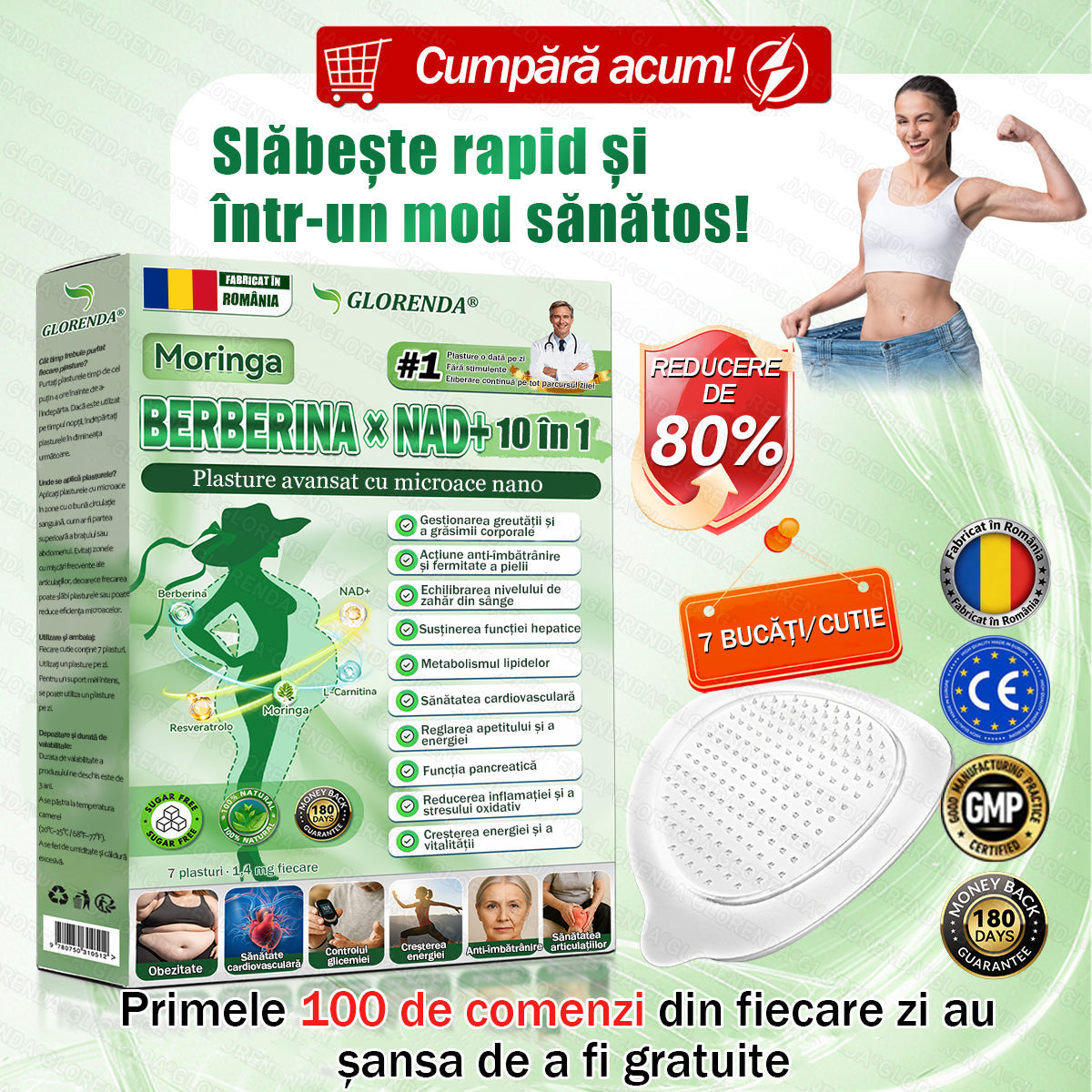 🥦 Magazin Oficial | 🌿 GLORENDA® Moringa · Berberină × NAD+ Plasture Avansat Nano cu Microace 10 în 1 (Doar o dată pe zi, schimbări vizibile în 7 zile) ✅ Pentru obezitate, piele lăsată, diabet, apnee în somn, probleme articulare și multe altele